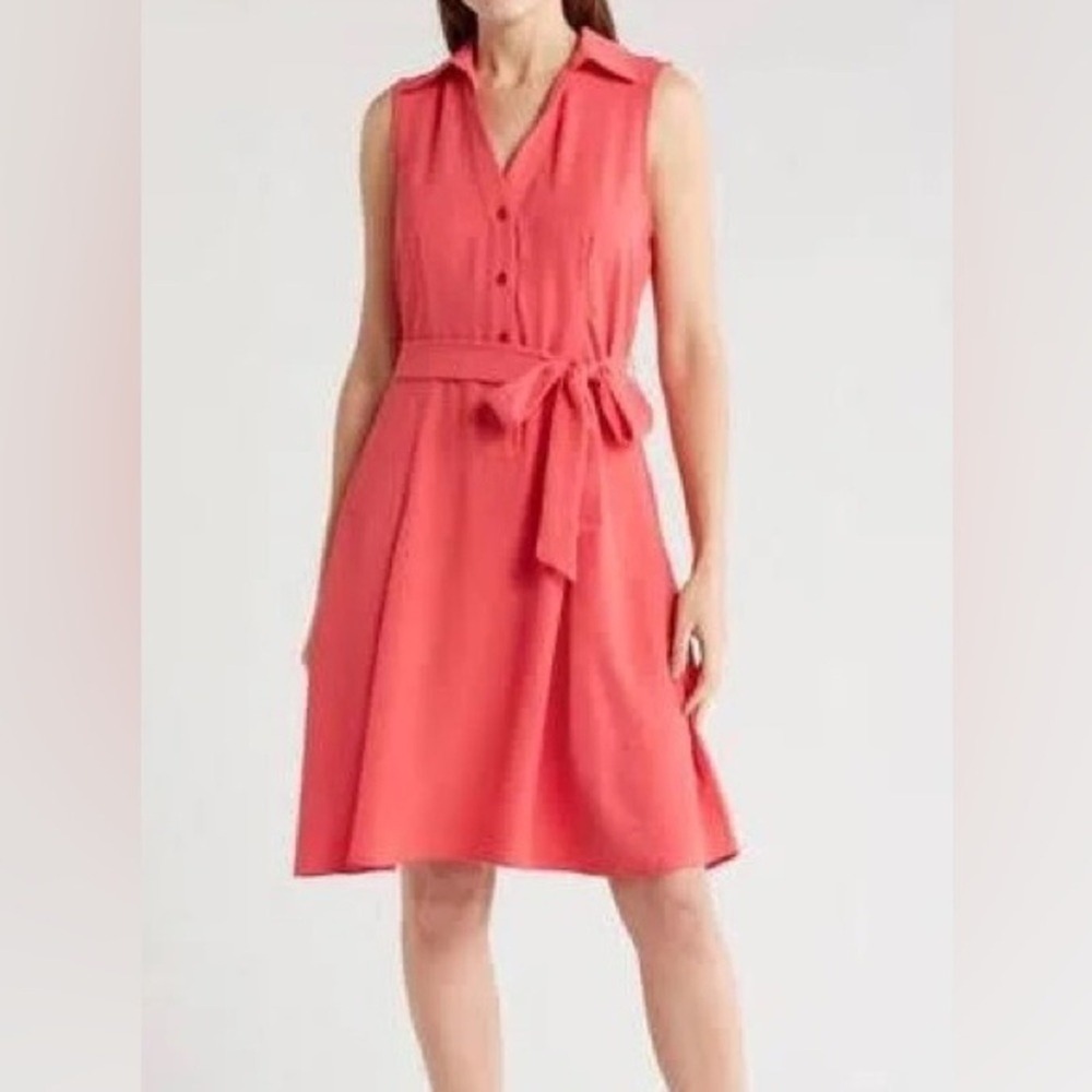 Ellen Tracy Womens Large Coral Pink Tie Waist Shirt Dress Easter Summer NEW